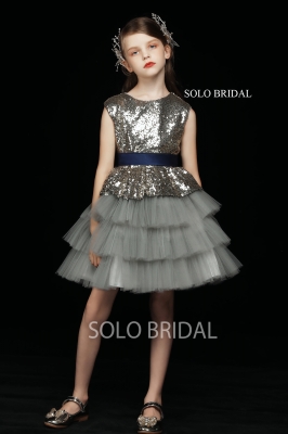 grey sequin and tulle short flower girl dress 5D7A5171